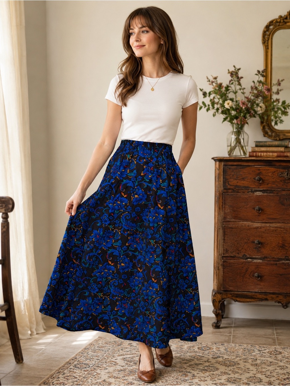 Liz Baker Vintage Navy and Blue Floral Maxi Skirt   Maximalist Style